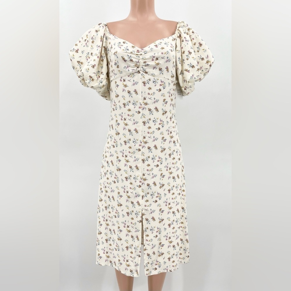 NWT AND NOW THIS Cream Floral Puff Sleeve Front Slit Midi Dress Size Medium